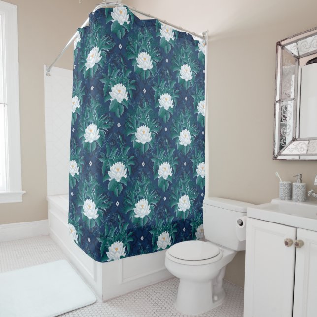 Rideaux De Douche Le Motif blanc Lotus Midnight Lotus (En situation)