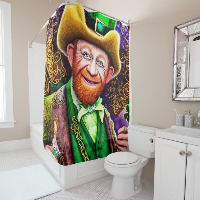 Rideaux De Douche Leprechaun vert gai avec tuyaux Shamrocks (En situation)