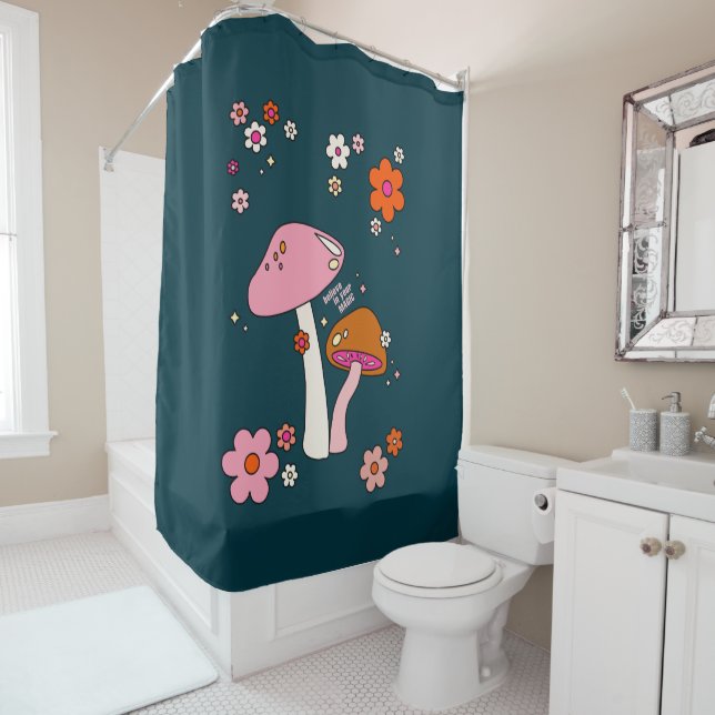 Rideaux De Douche Les années 70 Champignons Rétro Et Fleurs Bleu Mar (En situation)