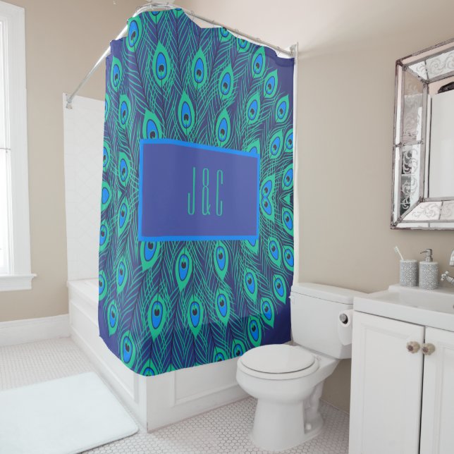 RIDEAUX DE DOUCHE LES FEUILLES DE CAPITALE EN BLEU TURQUOISE. (En situation)