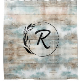 Rideaux De Douche LETTRE Aquarelle Côtier Rustique Bois Monogramme