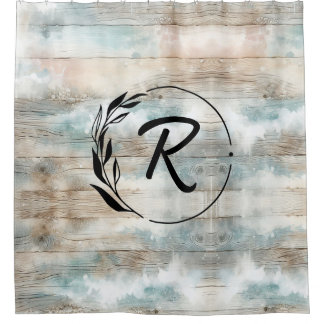 Rideaux De Douche LETTRE Aquarelle Côtier Rustique Bois Monogramme