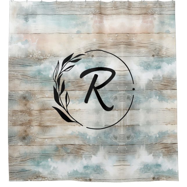Rideaux De Douche LETTRE Aquarelle Côtier Rustique Bois Monogramme (Devant)