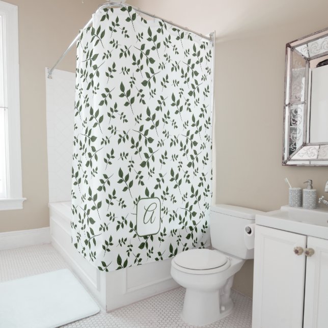 Rideaux De Douche Lettre de nom de feuille de motif vert blanc (En situation)