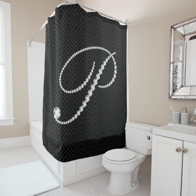 Rideaux De Douche LETTRE Diamants noirs & blancs P MONogramme (En situation)