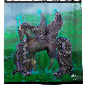Rideaux De Douche Licorne à ailes par Goth noire dans la forêt