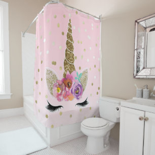 Rideaux De Douche Licorne Florale Rose & Or Paillettes Filles