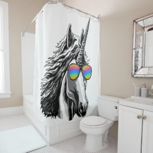 Rideaux De Douche Licorne fraîche avec des sunglass d'arc-en-ciel