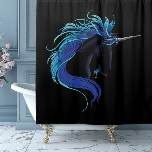 Rideaux De Douche Licorne noire élégante Magie Fantastique Bleu Arge