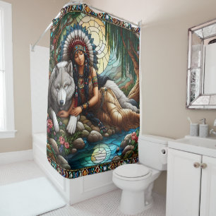Rideaux De Douche Lien pacifique : Femme autochtone et loup