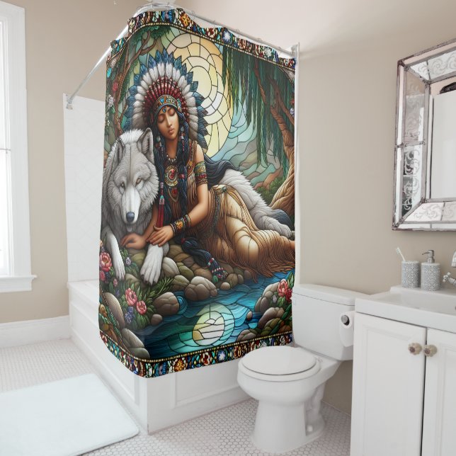 Rideaux De Douche Lien pacifique : Femme autochtone et loup (En situation)