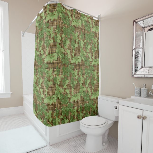 Rideaux De Douche Lierre vert sur plaid doré noir (En situation)