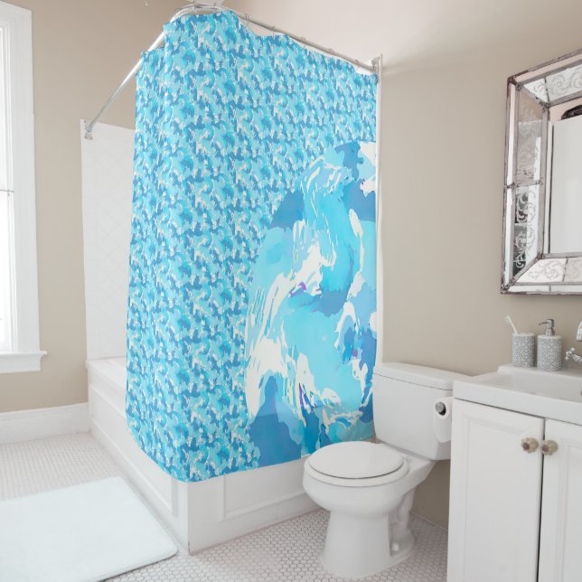 Rideaux De Douche Light blue & White Ocean Abstract Art (En situation)