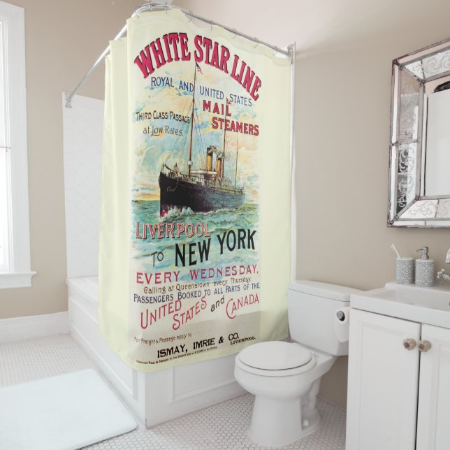 RIDEAUX DE DOUCHE LIGNE D'ÉTOILES BLANCHES OCEAN MAIL STEAMER (En situation)