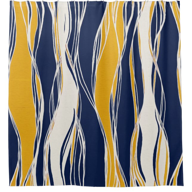 Rideaux De Douche Lignes élégantes, modernes, bleu marine et jaune (Devant)