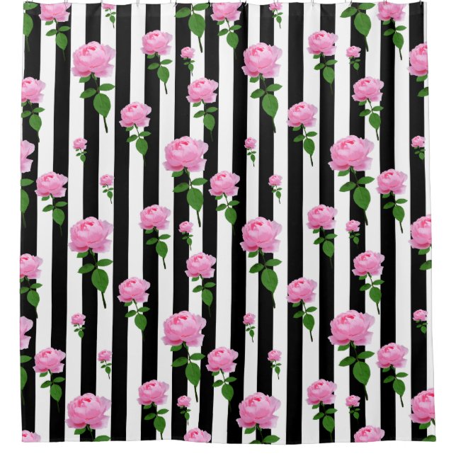 Rideaux De Douche Lignes Fleurs Roses Roses Roses Noires (Devant)