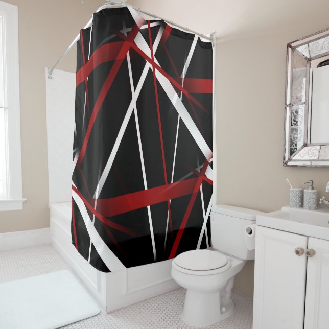 Rideaux De Douche Lignes rouges et blanches Abstraites sur Arrière - (En situation)