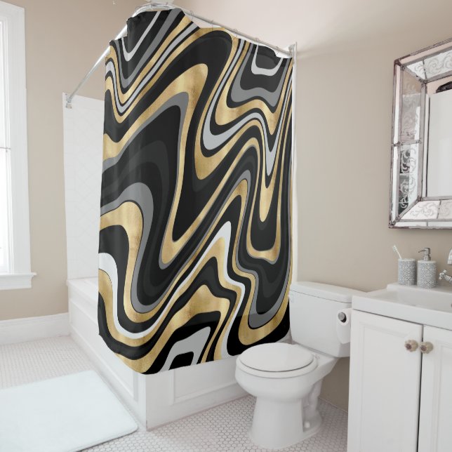 Rideaux De Douche Lignes Wavy Or Noir Rétro Design moderne (En situation)