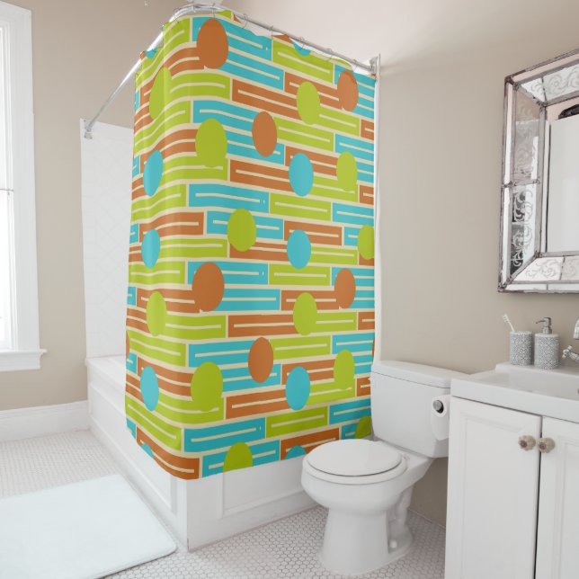 Rideaux De Douche Lime Green, Cinnamon Brown, Rectangles Turquoise (En situation)