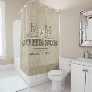 Rideaux De Douche Lin rustique et Mariage de monogramme cardiaque