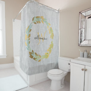 Rideaux De Douche Linge Gris Avec Couronne Dorée Monogramme Maison d