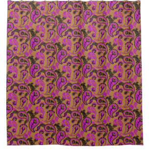 Rideaux De Douche Linocut Paisley Traditionnel Vivid Moutard Rose