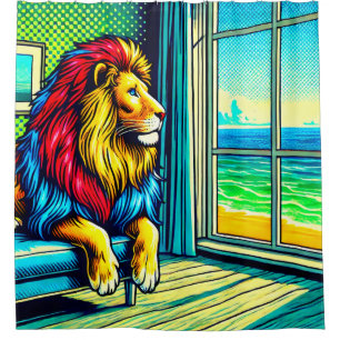 Rideaux De Douche Lion vibrant de style Pop Art vue sur l'océan