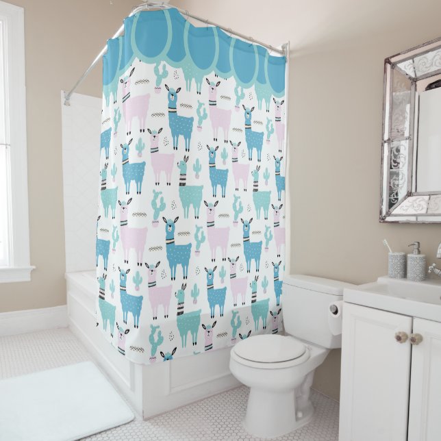 Rideaux De Douche Llama Alapaca Motif Bleu rose mignon Animaux (En situation)