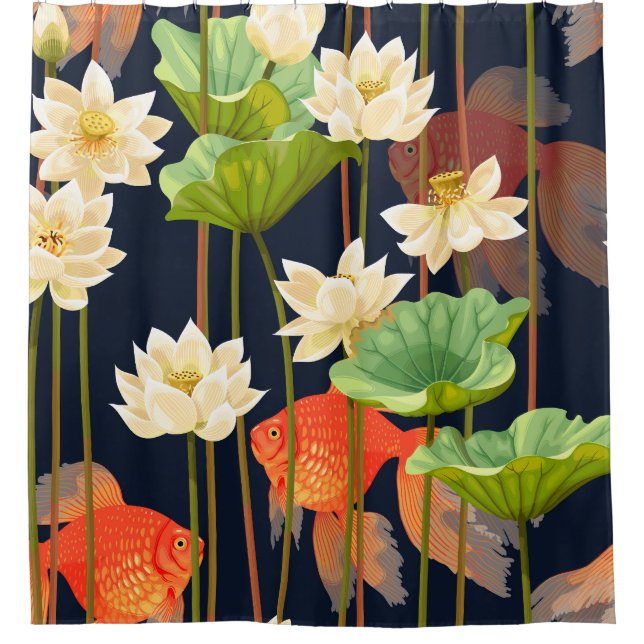 Rideaux De Douche Lotus blanc, poisson : motif sans soudure. (Devant)