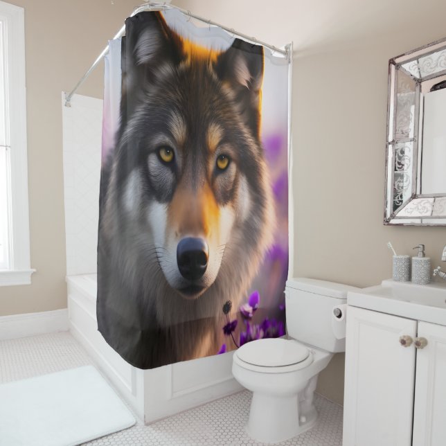 Rideaux De Douche Loup gris en fleurs violettes (En situation)