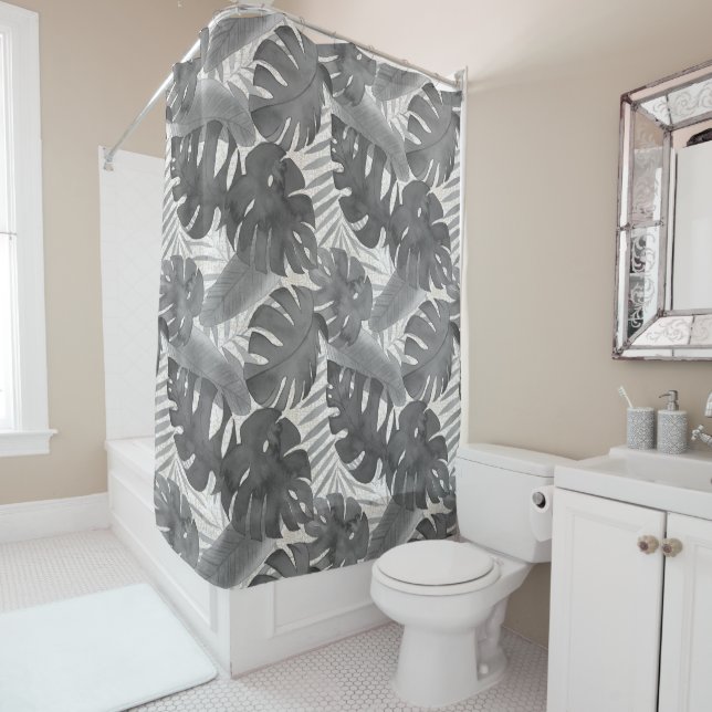 Rideaux De Douche Luana Aquarelle Tropical Grey Feuilles (En situation)