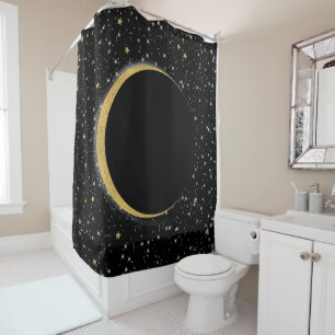 Rideaux De Douche Lune magique céleste noir et or, étoiles lunaires