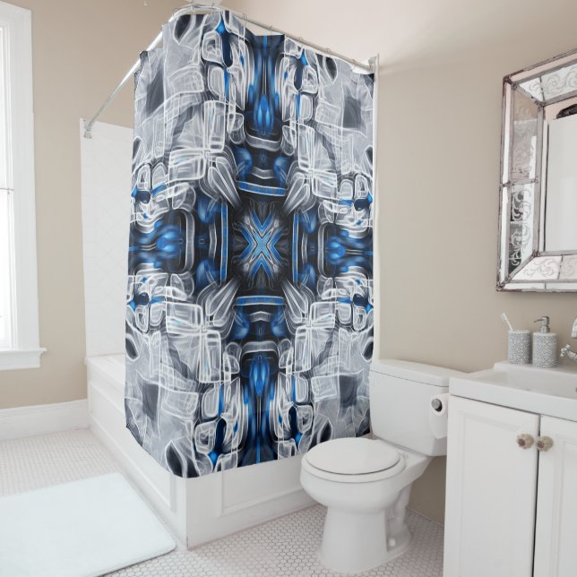 Rideaux De Douche Luxe élégant, bleu marine, gris, blanc motif (En situation)