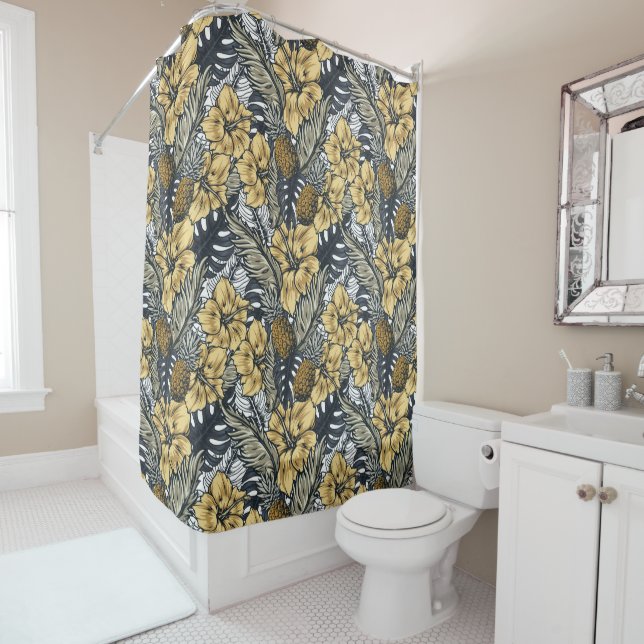 Rideaux De Douche Luxe Elegant Or N' Black Tropical Flowers (En situation)