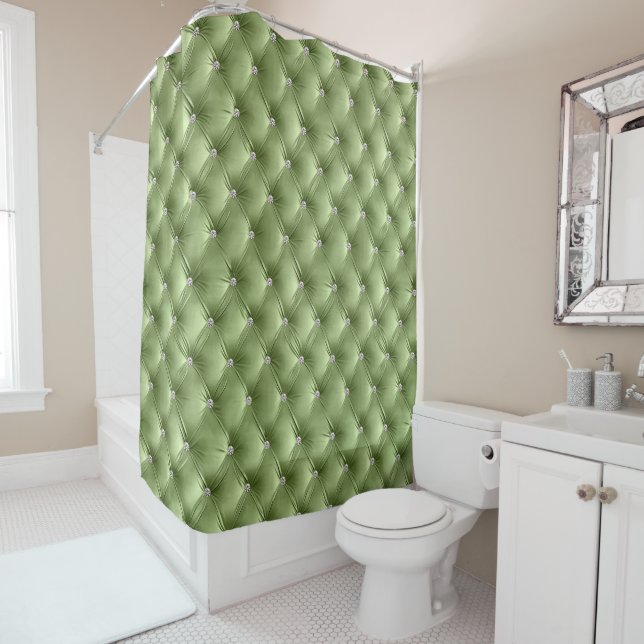 Rideaux De Douche Luxe Glam Sage Green Faux Velvet (En situation)