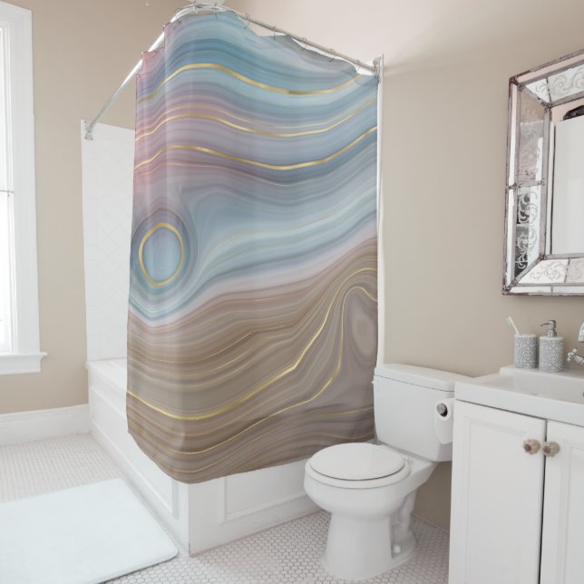 Rideaux De Douche Luxe Strata | Assiette rose Taupe bleu ardoise (En situation)