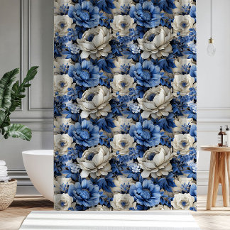 Rideaux De Douche Luxueux Élégant Floral Ivoire Bleu Douche de Bain