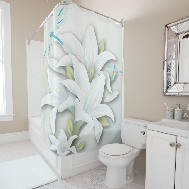 Rideaux De Douche Lys blancs et libellules (En situation)