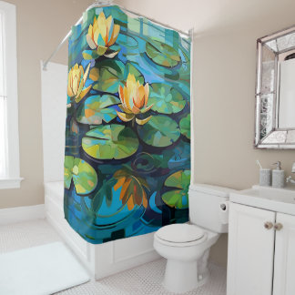 Rideaux De Douche Lys d'eau et fleurs de lotus aquarelle
