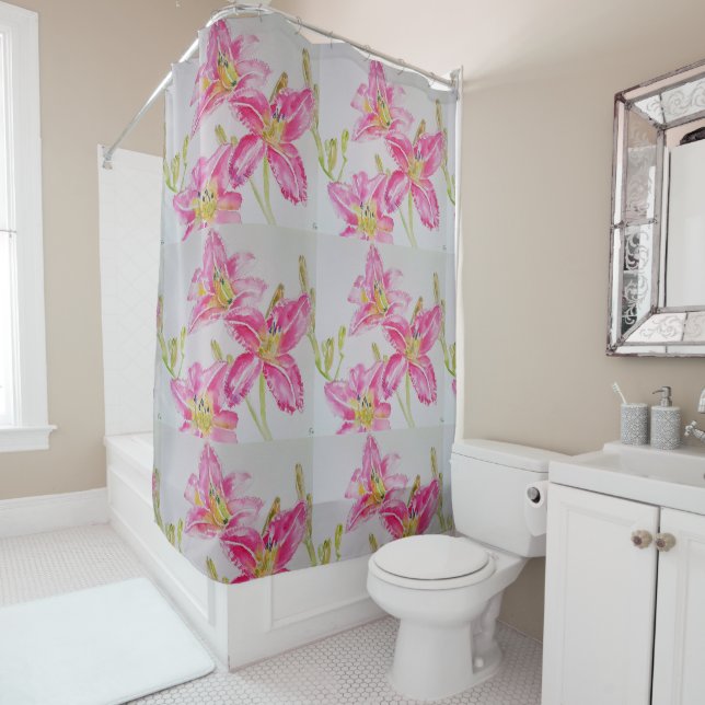 Rideaux De Douche Lys Lily rose Aquarelle Peinture Florale (En situation)
