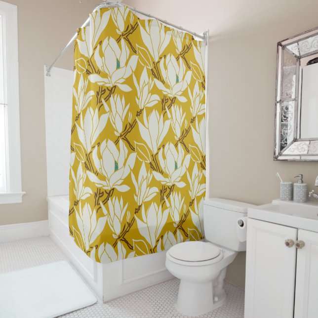 Rideaux De Douche Magnolia graphic in mustard pattern (En situation)
