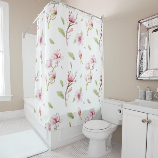 Rideaux De Douche Magnolia Rose Et Beige (En situation)