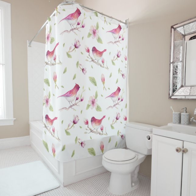 Rideaux De Douche Magnolia Rose Et Beige Et Oiseaux (En situation)