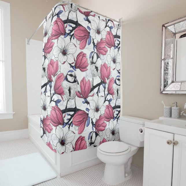 Rideaux De Douche Magnolia rose et métis bleu (En situation)