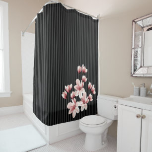 Rideaux De Douche Magnolias rougis sur bandes noires