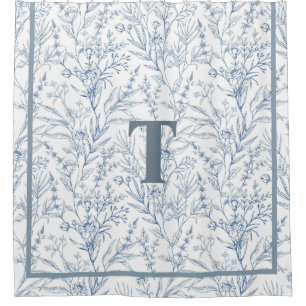 Rideaux De Douche Maison Bleue Blanc Floral Monogramme