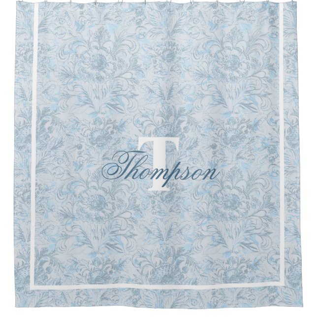 Rideaux De Douche Maison Française Dusty Blue Floral Monogramme (Devant)