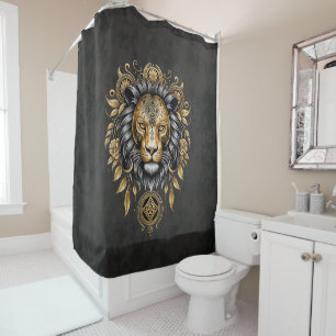 Rideaux De Douche Majestic tête de lion doré avec crinière noire.