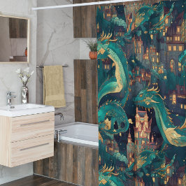 Rideaux De Douche Majestic Turquoise Dragons et Village