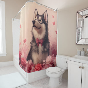 Rideaux De Douche Malamute d'Alaska avec des Roses - Saint-Valentin 